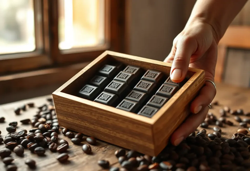 Une main tenant une boîte en bois carrée contenant des tablettes de chocolat noir, avec des graines de cacao éparpillées autour, dans une lumière douce.
