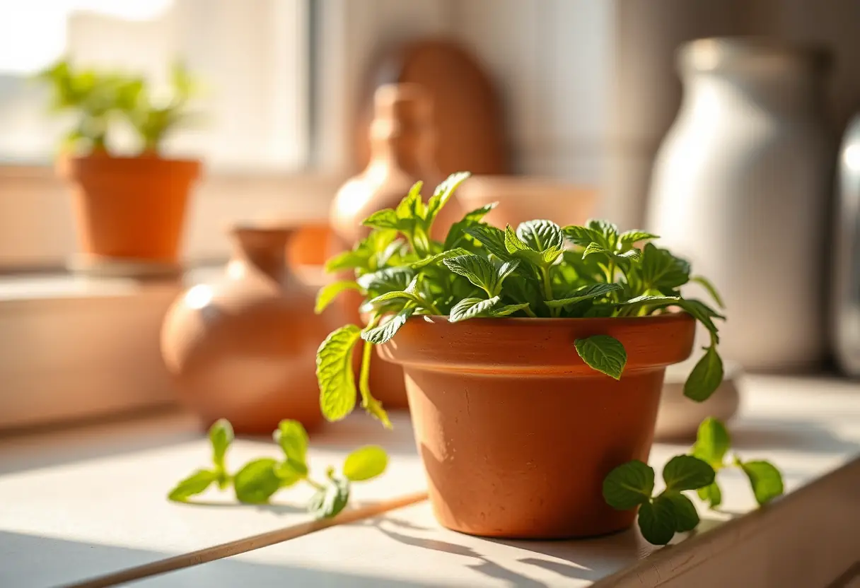 Un pot en terre cuite contenant des feuilles de menthe fraîche posé sur un rebord de fenêtre dans une cuisine accueillante, éclairé par la lumière du soleil.