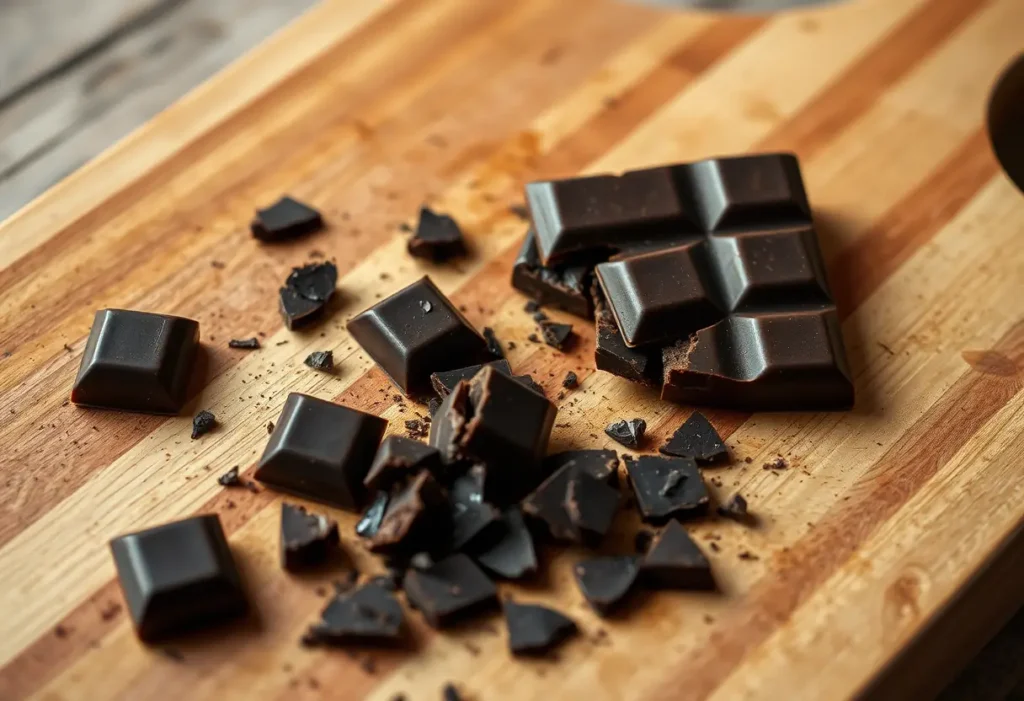 Un plan rapproché d'une planche à découper en bois avec des morceaux de chocolat noir, lumière naturelle, photographie éditoriale, sans texte, sans écriture