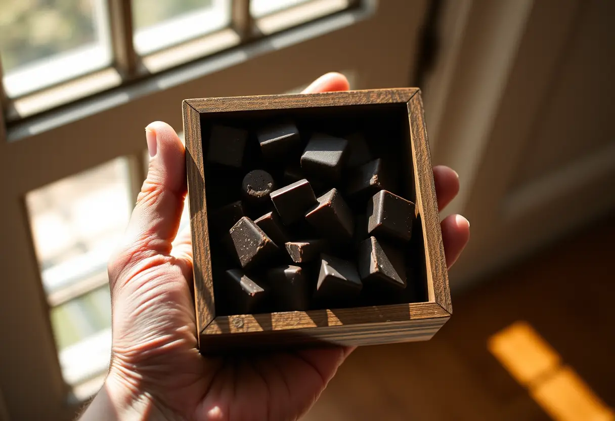 Une main tenant une boîte en bois contenant des morceaux de chocolat noir, lumière naturelle