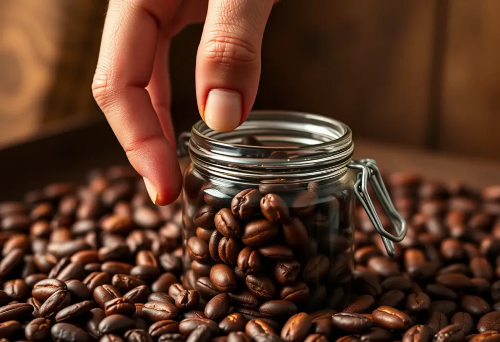 Une main plonge dans un bocal en verre foncé rempli de fèves de cacao, mettant en valeur l'origine et la qualité des ingrédients utilisés pour fabriquer du chocolat de qualité.