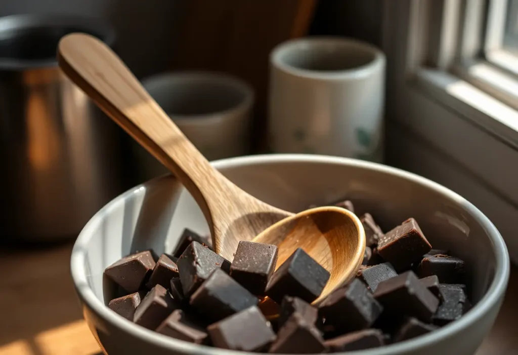 Cuillère en bois dans une assiette de chocolat noir, ambience chaleureuse, bien-être féminin