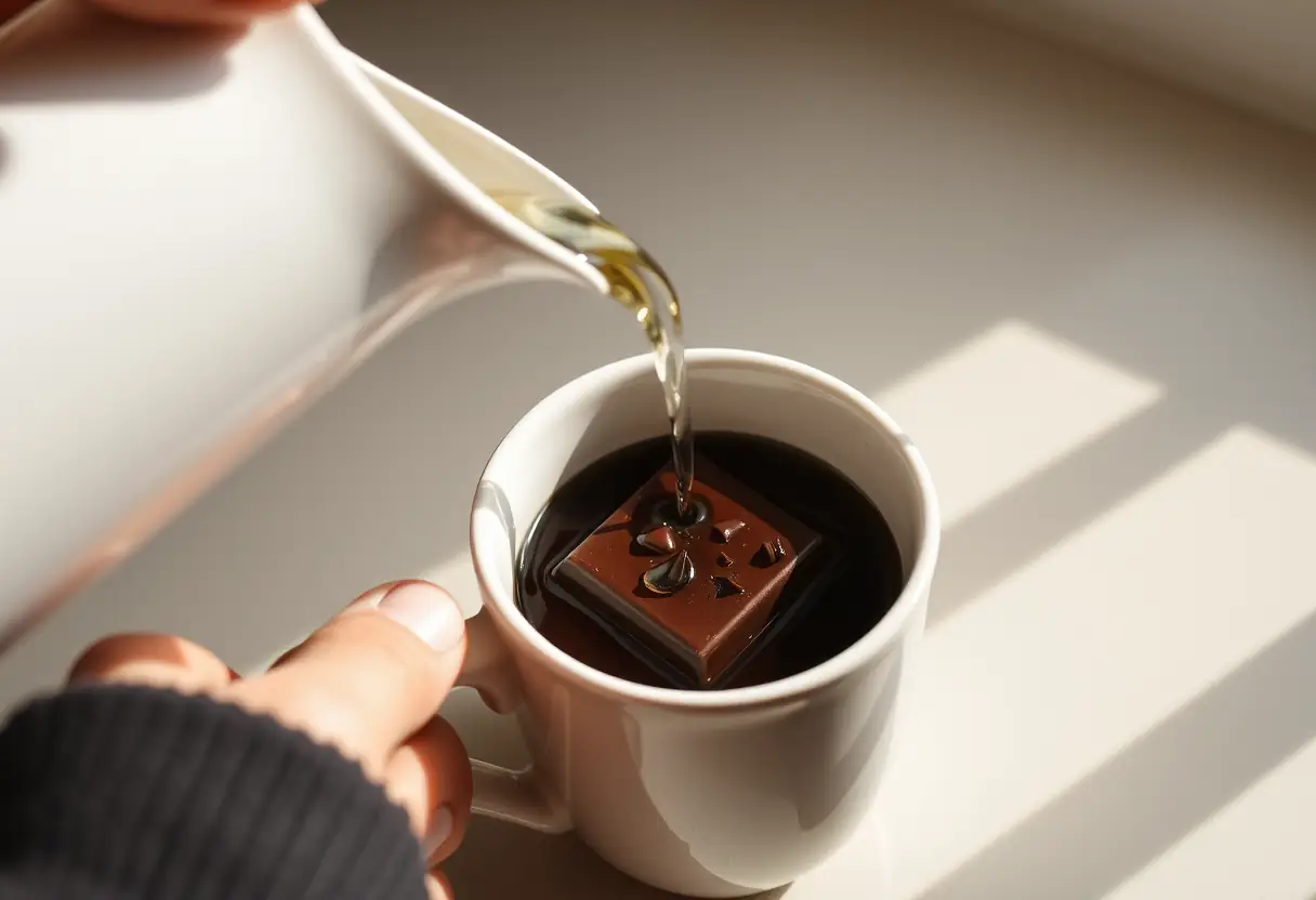 Main versée d'eau chaude dans une tasse de céramique contenant du chocolat noir fondu, douceur et bien-être féminin