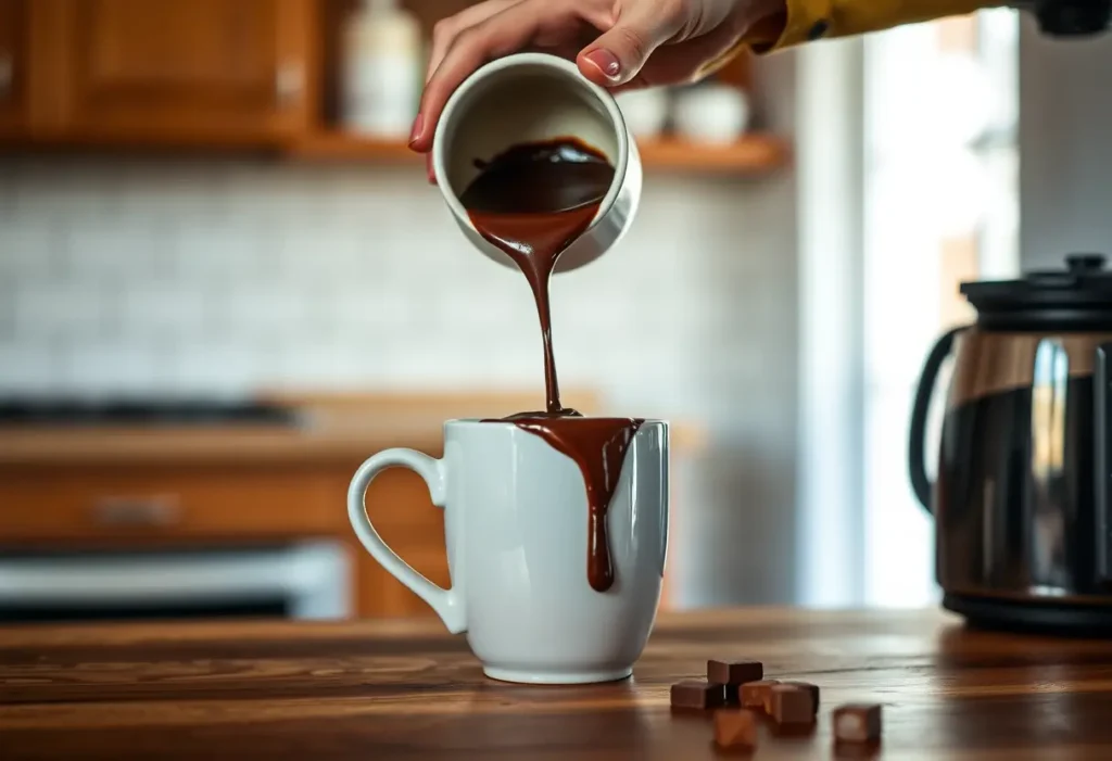 Une main verse du chocolat noir fondant dans une tasse de céramique, éclairage doux, photo éditoriale, lumière naturelle