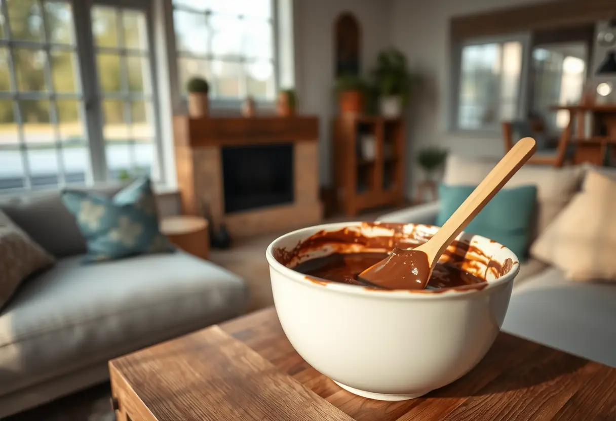 Une cuillère en bois remue une préparation de chocolat noir dans un bol, éclairage doux par des fenêtres grandes, photo éditoriale, lumière naturelle