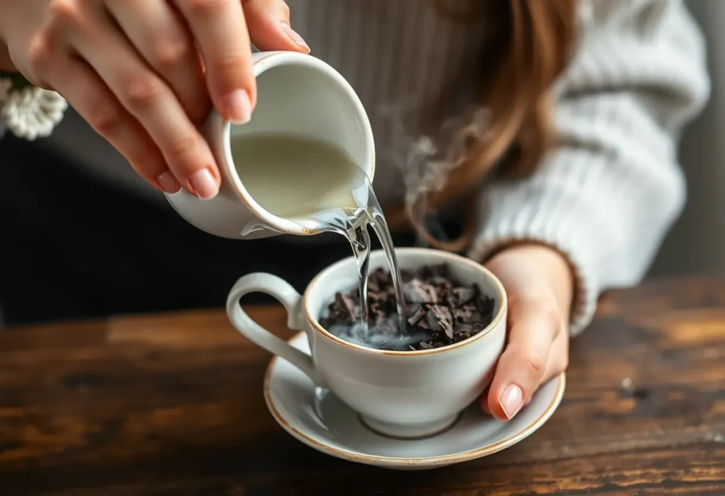 Une main verse de l'eau chaude dans une tasse en céramique remplie de copeaux de chocolat noir