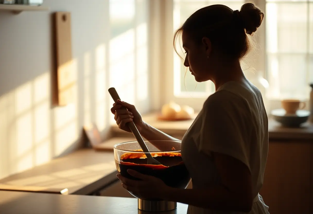 Un profil d'une femme qui remue une cuillère en bois dans une grande casserole en acier inoxydable remplie de chocolat fondu