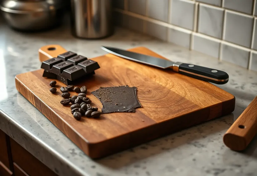 Un planche à découper rustique avec une tablette de chocolat noir et des graines de cacao