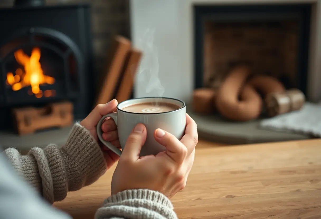 Des mains tenant une tasse de chocolat chaud près d'un feu de cheminée