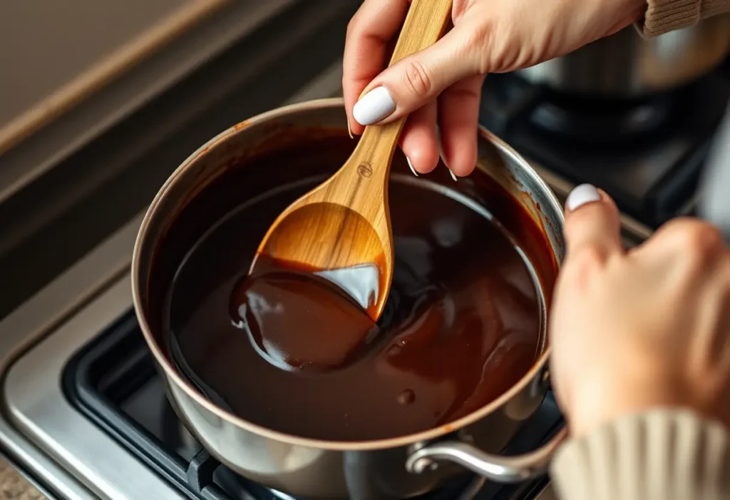 Une main féminine remue une pâte de chocolat noir dans une casserole, favorisant le bien-être et la beauté