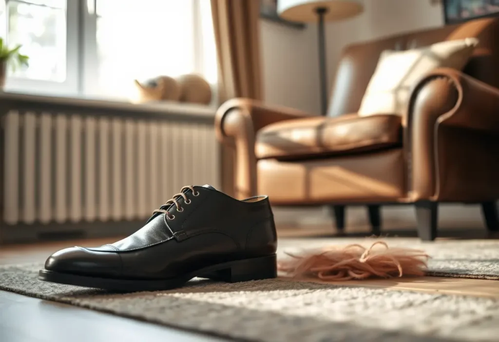 Un fauteuil confortable dans une pièce accueillante, où reposent des chaussures en cuir brun foncé
