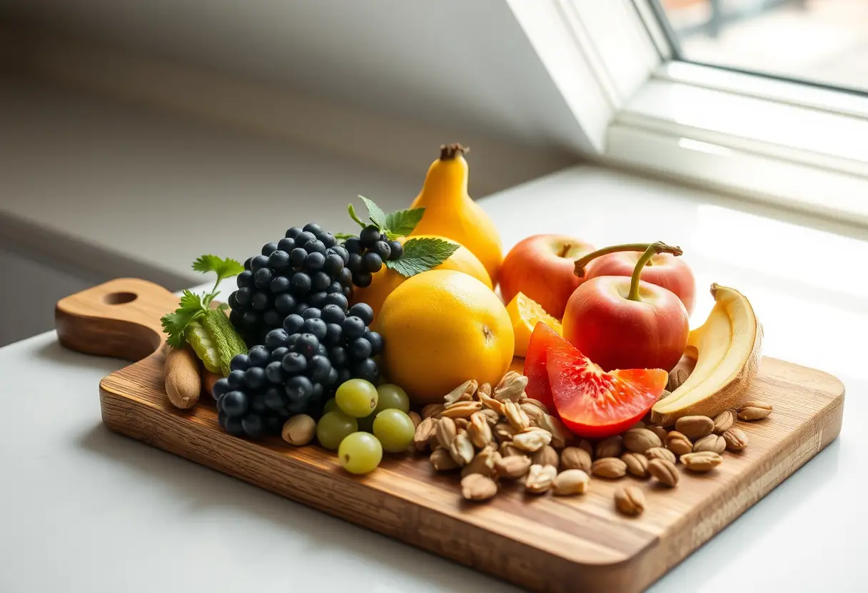 Un plan de travail blanc où repose un plateau de fruits frais et de noix