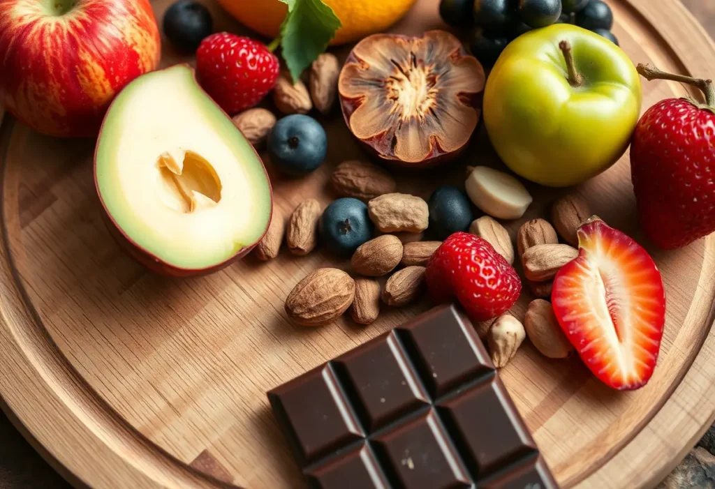 Un plan focal sur un plateau de bois présentant des fruits et des noix avec une tablette de chocolat noir, mettant en valeur les bienfaits du fer