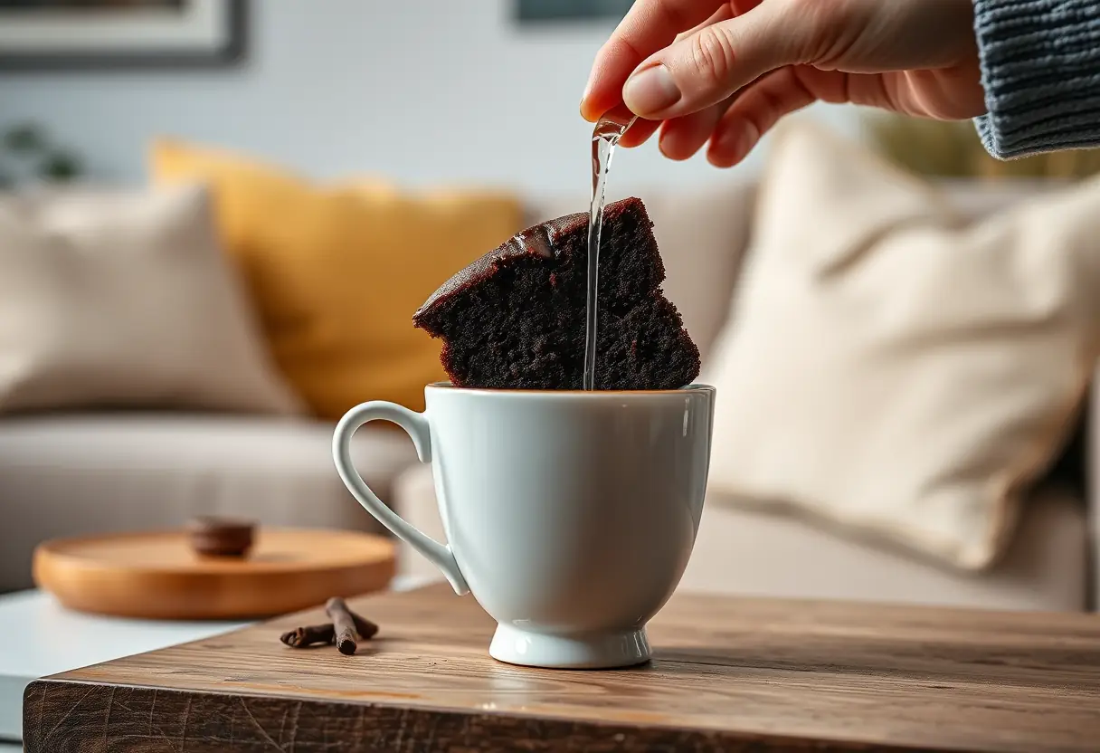 Une main verse de l'eau chaude dans une tasse de porcelaine contenant un morceau de gâteau au chocolat noir, créant une atmosphère accueillante dans un salon confortable