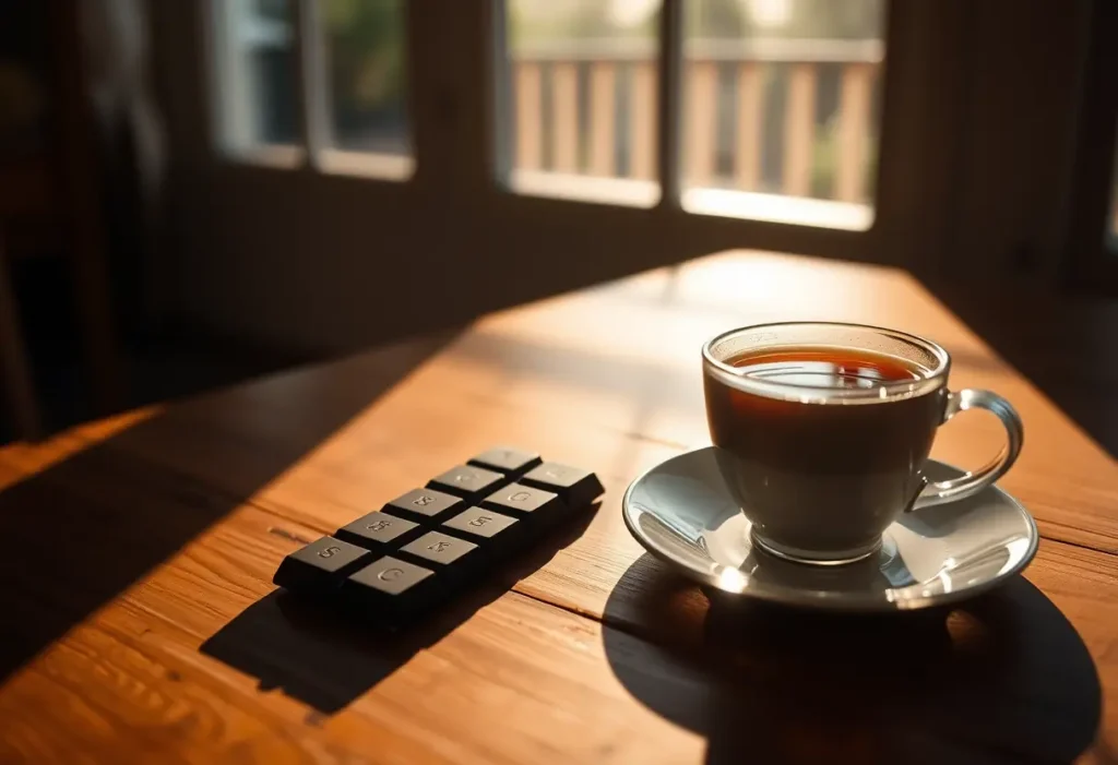 Un plateau avec une tablette de chocolat noir et une tasse de thé au crépuscule, bien-être et sérénité.