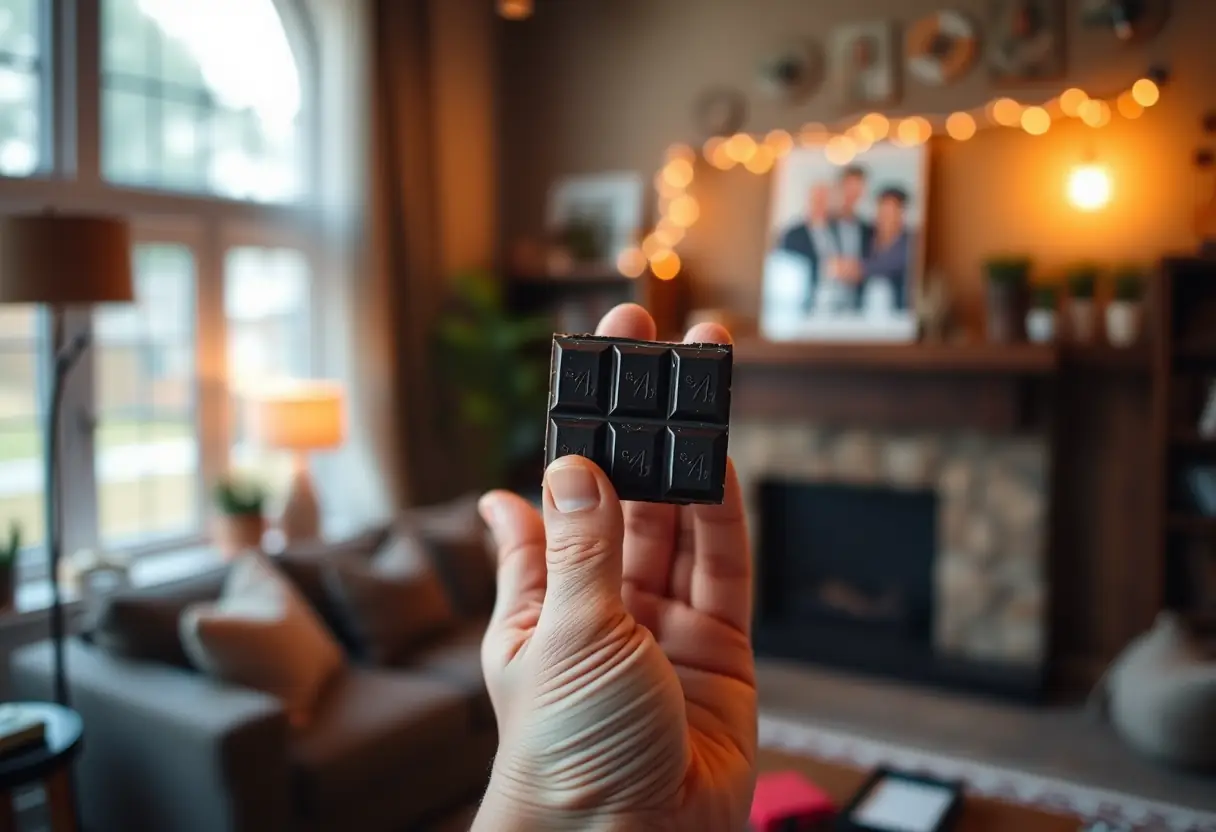 Une main tenant une tablette de chocolat noir dans un salon accueillant éclairé par une lumière tamisée, bien-être et sérénité.