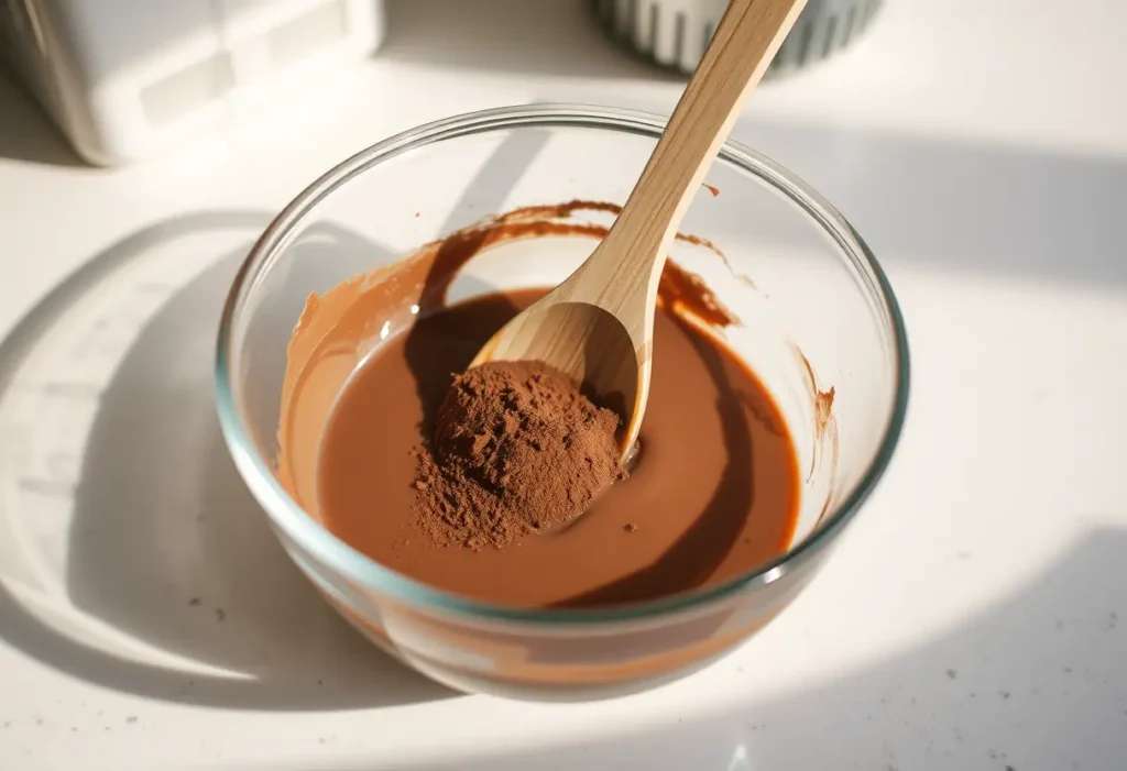 Une cuillère en bois mélange une pâte de poudre de cacao et d'eau dans un bol en verre sur un comptoir, éclairé par une lumière naturelle indirecte.