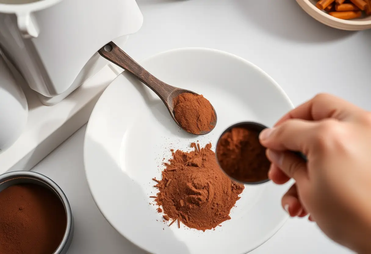 Un cuillère en bois sur un plateau blanc avec de la poudre de cacao dans une cuisine bien éclairée. Un geste apaisant pour la peau.