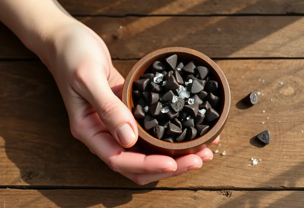 Une main tenant un bol en bois contenant des pépites de chocolat noir et des cristaux de fleur de sel, sur une table en bois rustique, favorisant le bien-être