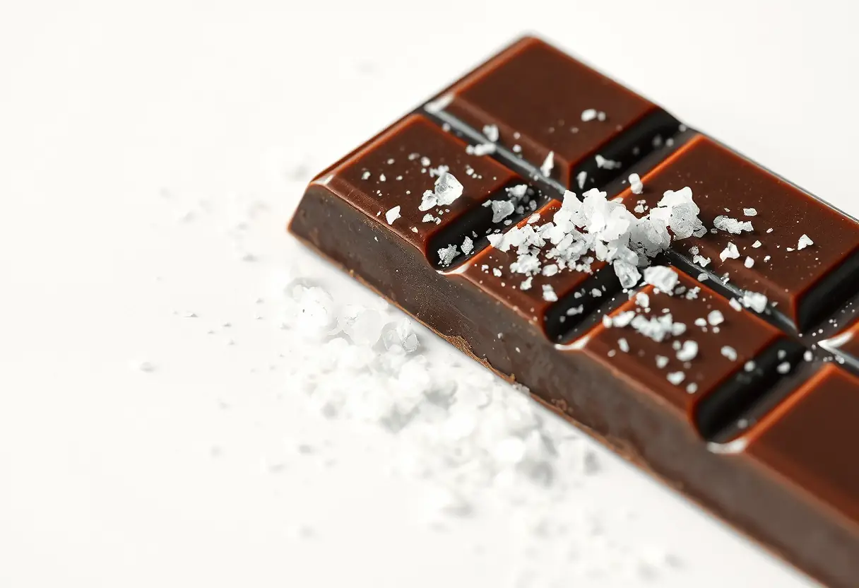 Des cristaux de sel répartis sur une tablette de chocolat noir, mettant en valeur les bienfaits pour la santé