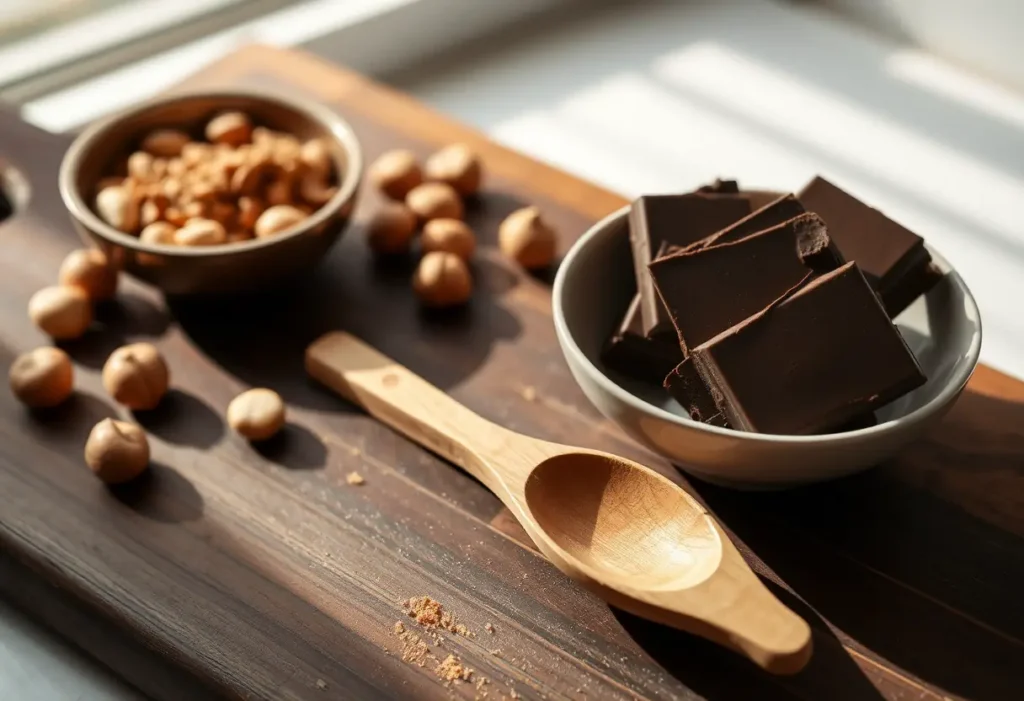 Un cuilleron en bois sur un plan de travail en bois avec des noisettes en poudre, rappelant la préparation du chocolat noir aux noisettes.