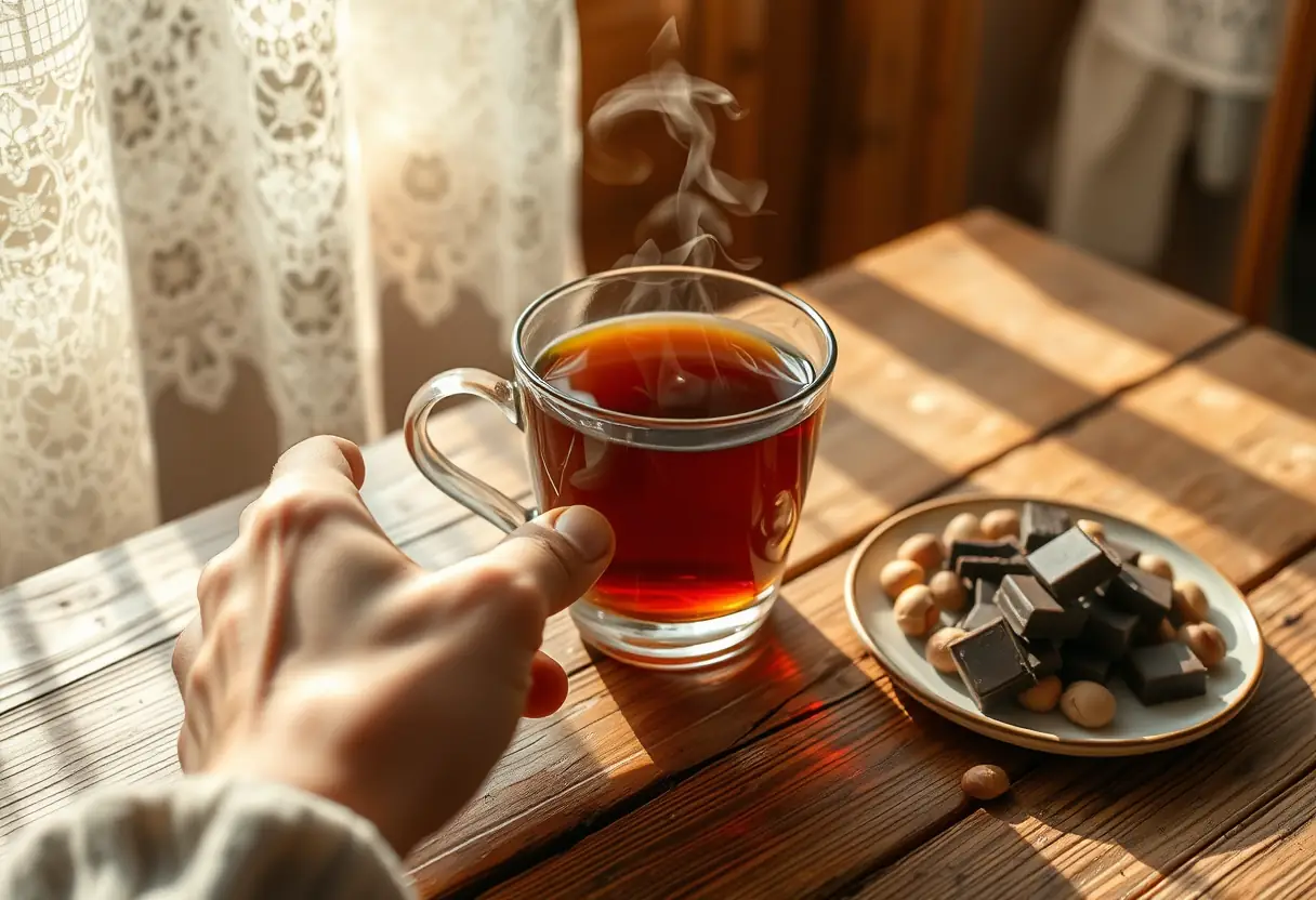 Une main tenant une tasse de thé chaud près d'une assiette de chocolat noir aux noisettes écrasées, illustrant le bienfait du chocolat pour la détente.