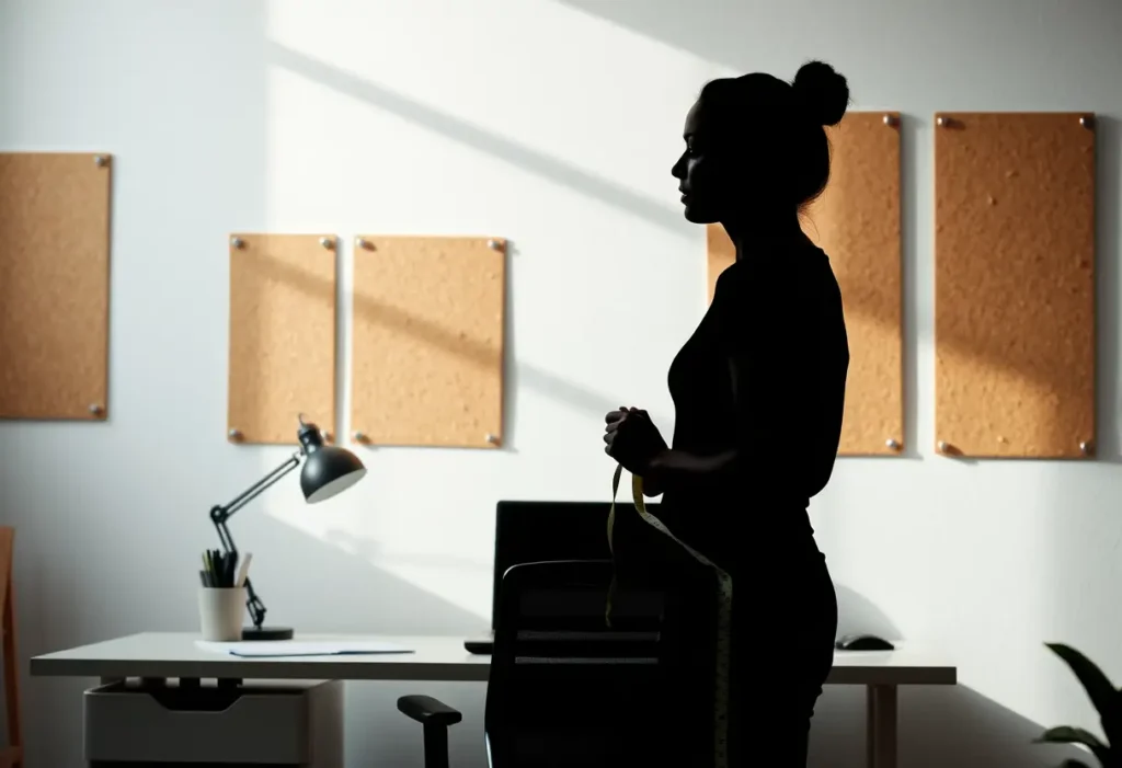 Silhouette de femme tenant un mètre ruban contre un mur de tableaux en liège dans un bureau à la maison