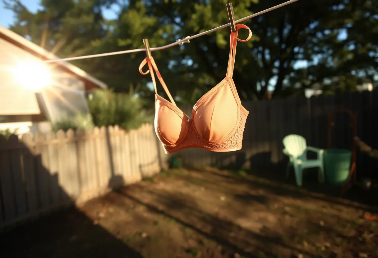 Un soutien-gorge de sport suspendu à une corde à linge sous le soleil