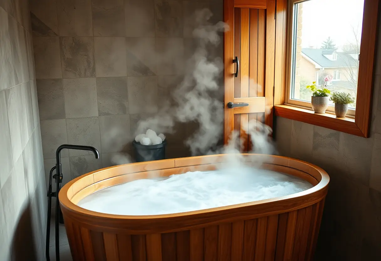 Main: Un bain en bois rempli d'eau chaude, dans une atmosphère apaisante de récupération à la maison.