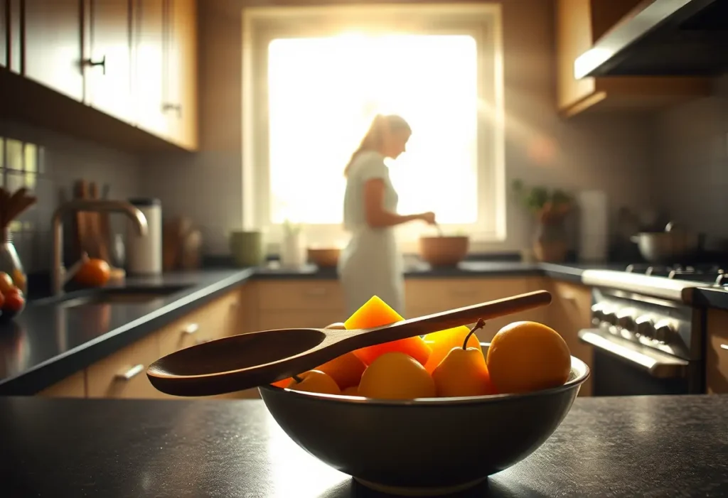 Une cuillère en bois posée sur un bol rempli de fruits frais dans une cuisine éclairée par la lumière du soleil. Une silhouette se prépare un repas près de la cuisinière.