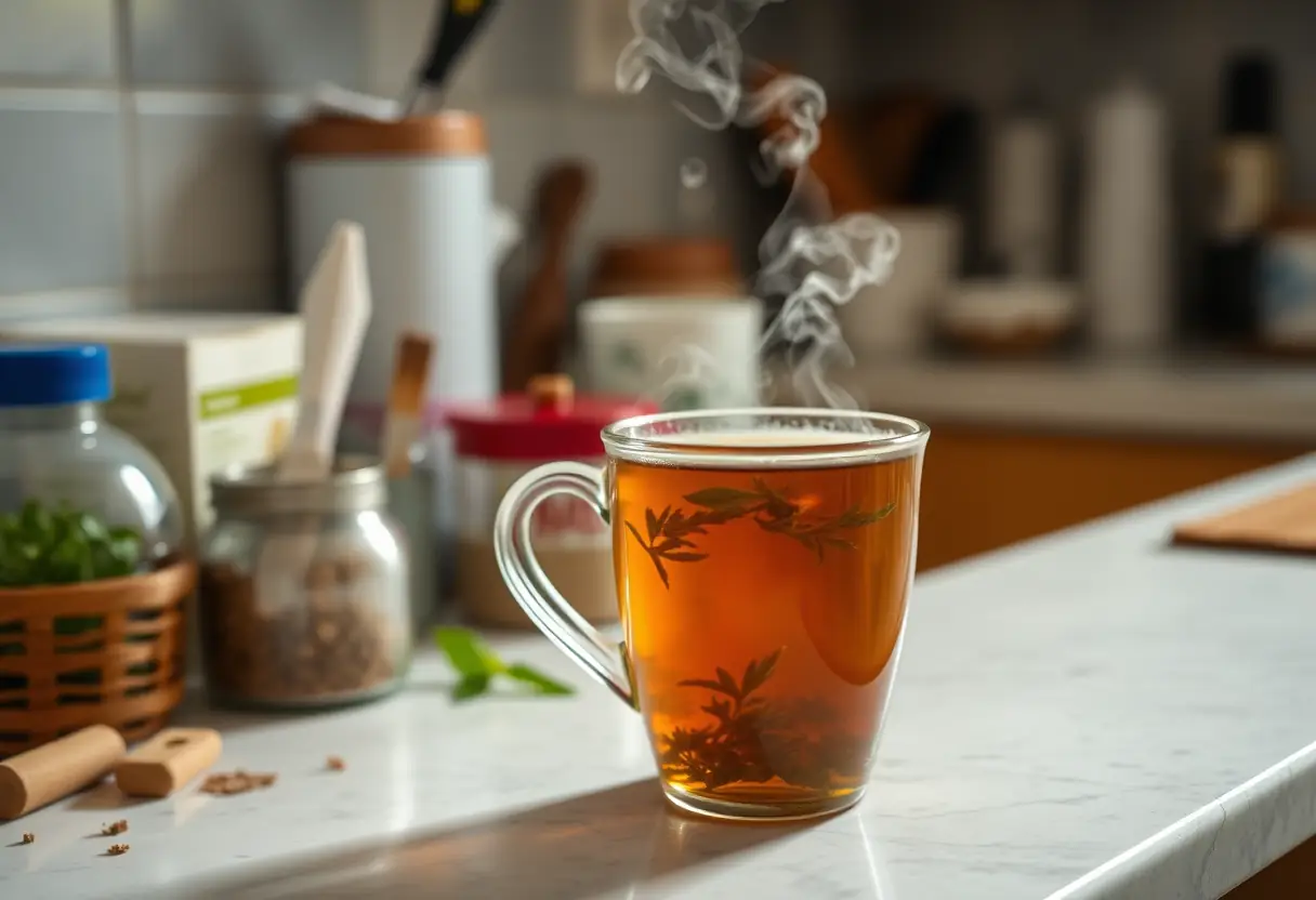 Une tasse de thé herbagère chaude sur un comptoir de cuisine