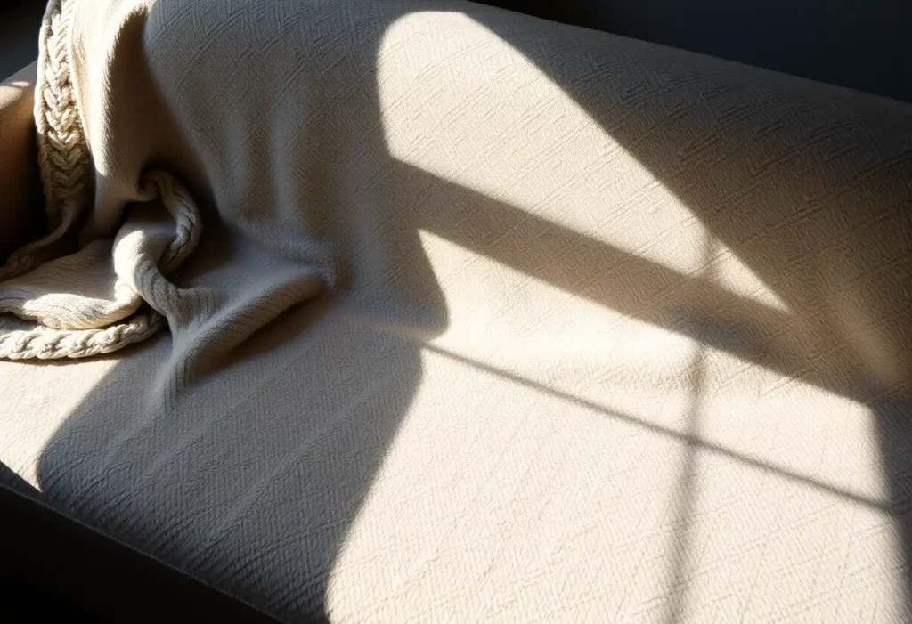 Ombres douces jouant sur un plaid en laine étalé sur un canapé, évoquant une soirée apaisante à l'intérieur