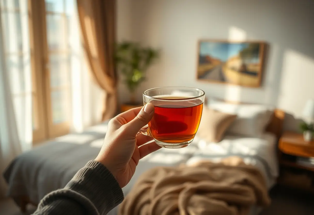 Une main tenant une tasse de thé chaud dans une chambre accueillante