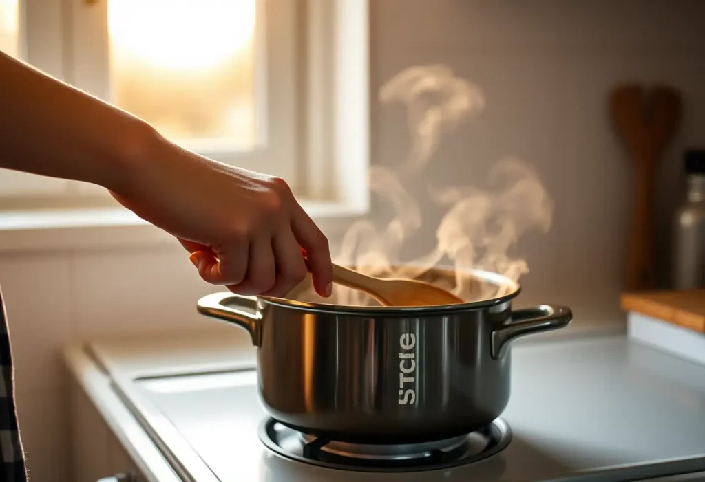 Main: Une main féminine tenant une cuillère en bois au-dessus d'une casserole dans la cuisine