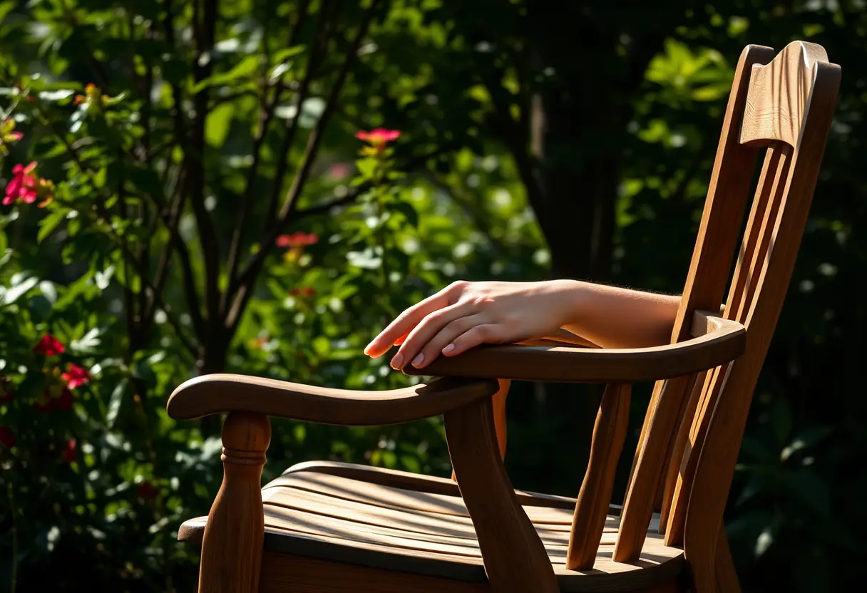 Une chaise en bois dans un jardin apaisant, représentant la récupération et le bien-être.