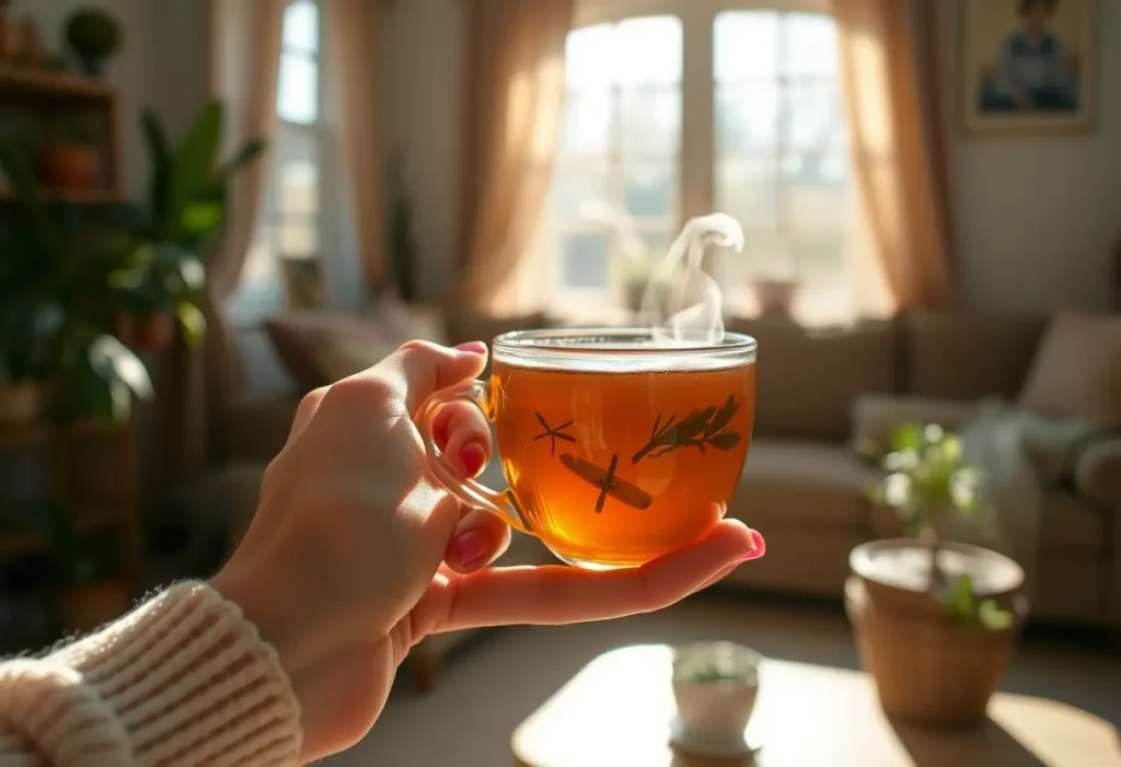 Une main tenant une tasse de thé chaud dans un salon accueillant, éclairé par la lumière du jour, lien vers l'acceptation de soi