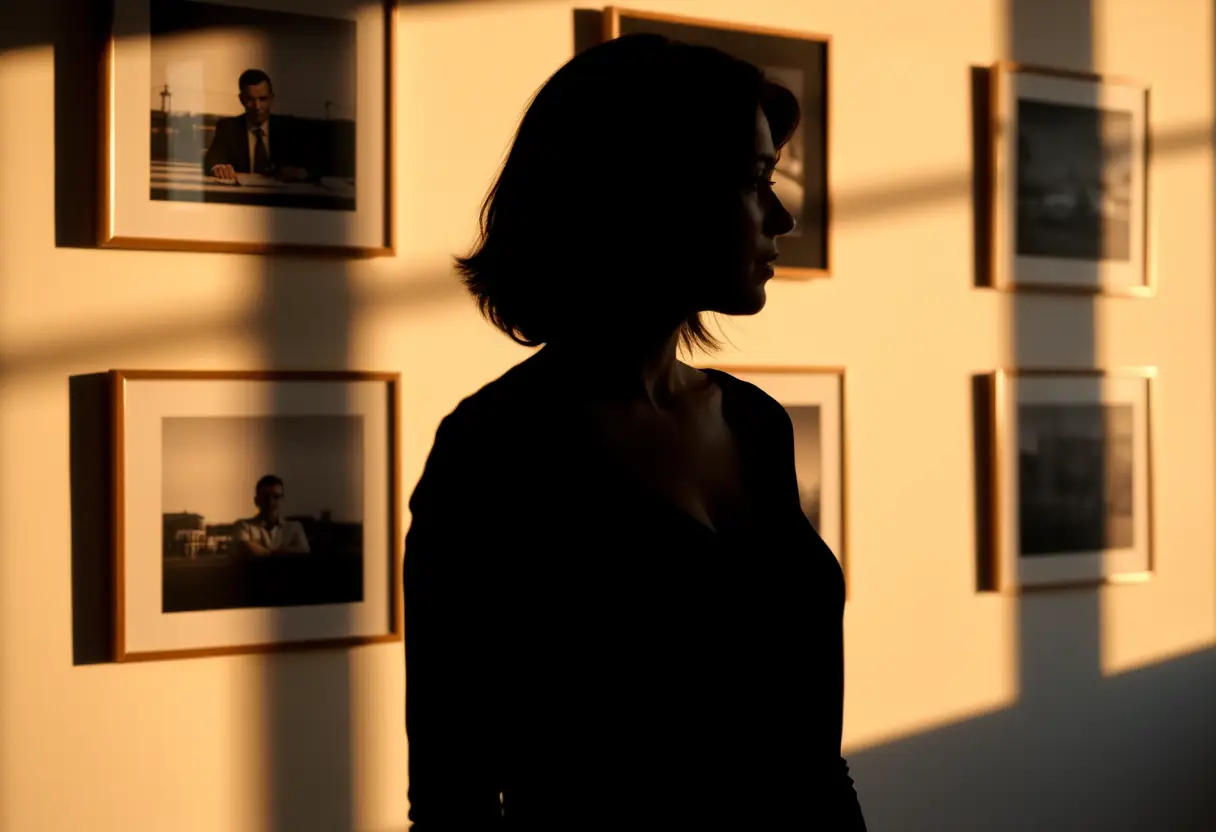 Un profil de femme se reflétant sur les cadres accrochés au mur, éclairé par la lumière du soir, lien vers l'auto-acceptation
