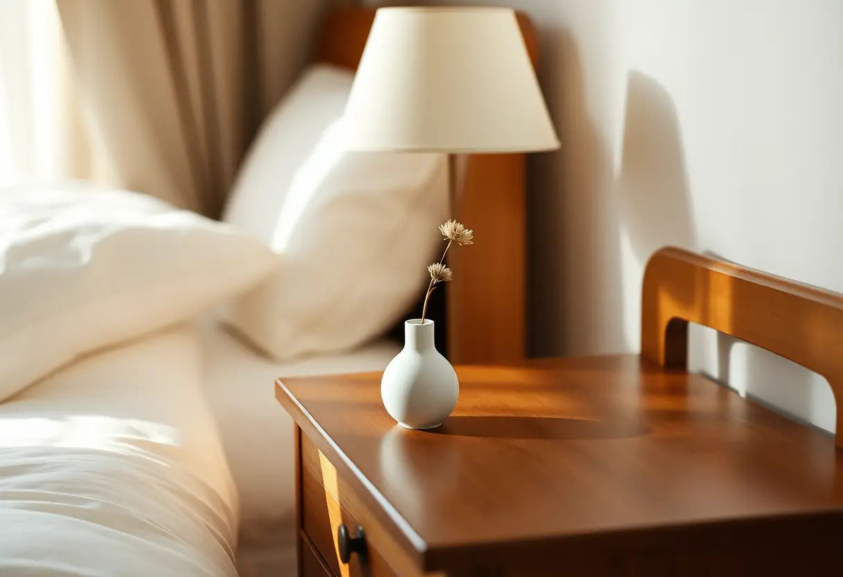Un petit vase en porcelaine sur une table de nuit, contenant une fleur sèche.