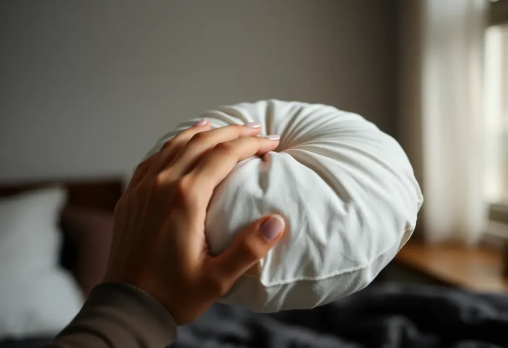 Main: Une main féminine caressant un oreiller doux et rond, illustration de la recherche du confort durant la grossesse.
