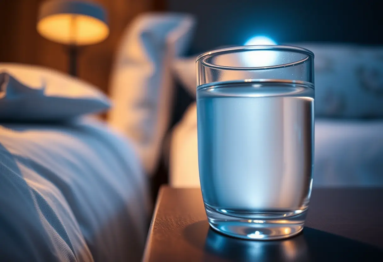 Alt text : Verre d'eau sur une table de chevet près du lit, reflétant la lune, représentant le besoin de calme et de sérénité durant la grossesse.