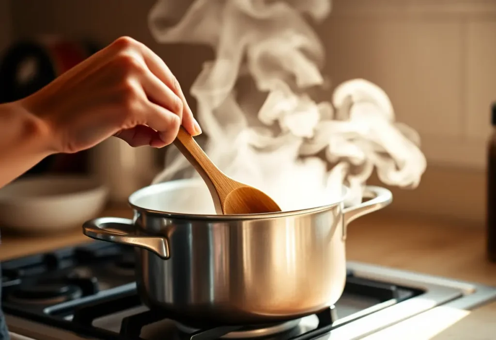 Les mains d'une femme tenant une cuillère en bois au-dessus d'une casserole sur une cuisinière, éclairage doux, bien-être féminin