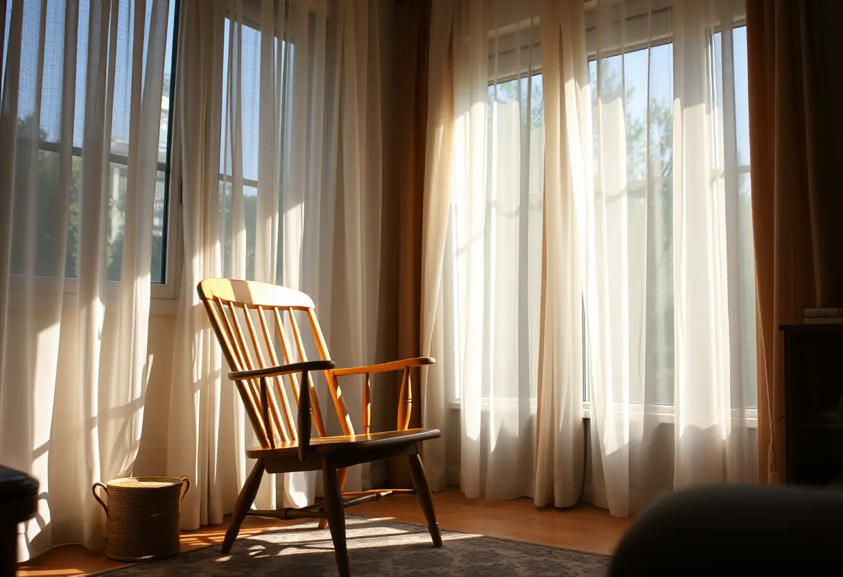 Un fauteuil en bois dans un salon confortable, lumière naturelle filtrant à travers des rideaux translucides, bien-être et acceptation de soi