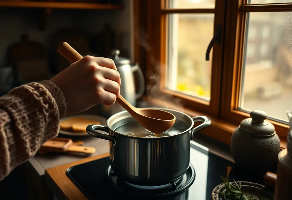 Une main féminine tenant une cuillère en bois au-dessus d'une marmite de thé herboristerie, dans une cuisine accueillante.