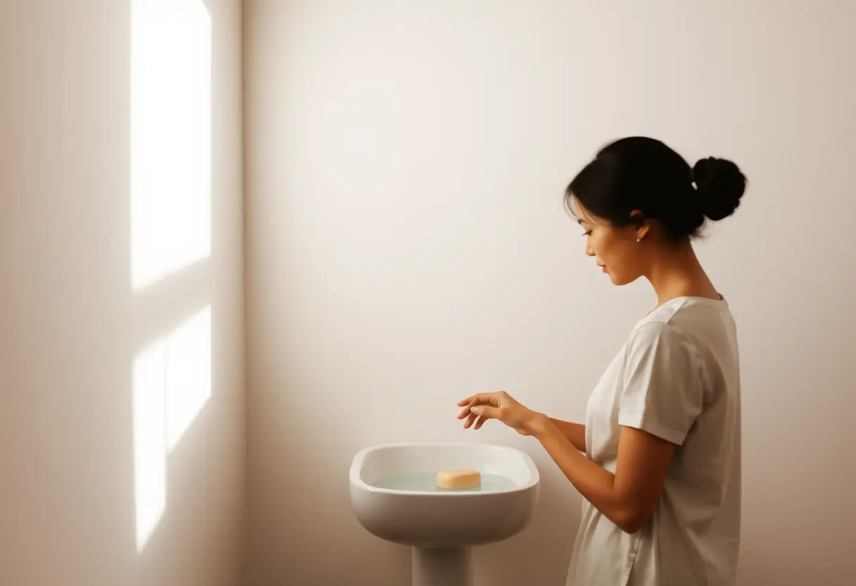Un profil de femme se reflétant dans une salle de bains bien éclairée, tenant un lavabo en porcelaine blanche rempli d'eau et de savon.