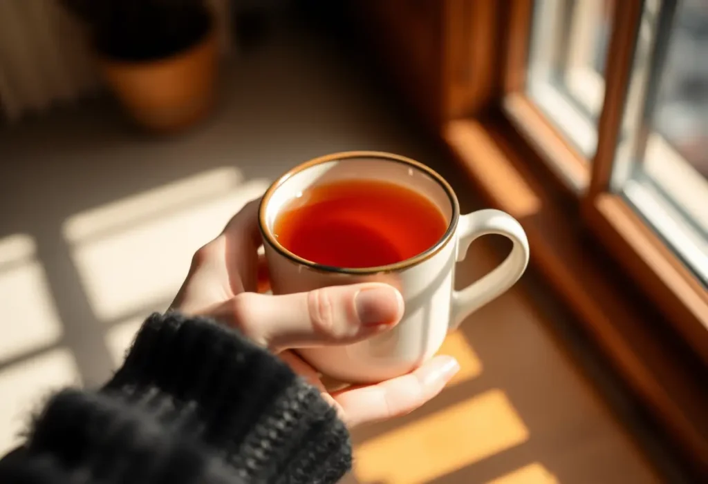 Une main féminine tient une tasse de thé chaud, symbolisant le bien-être et la sérénité