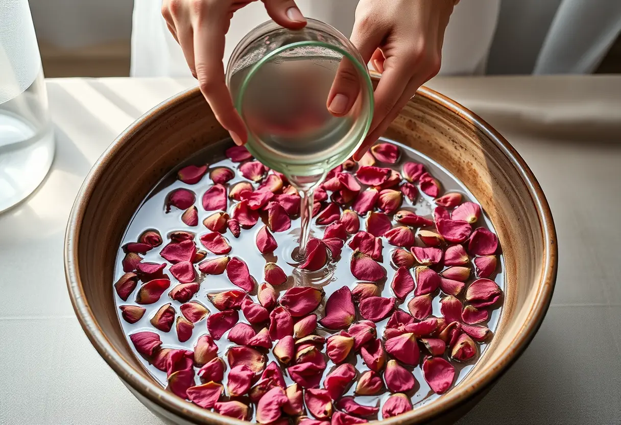 Des mains qui versent de l'eau chaude sur des pétales de rose dans un bol, illustrant le retour au plaisir et à la détente