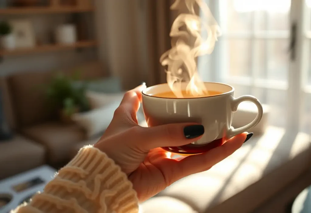 Une main féminine tient une tasse de thé chaud, évoquant bien-être et sérénité.