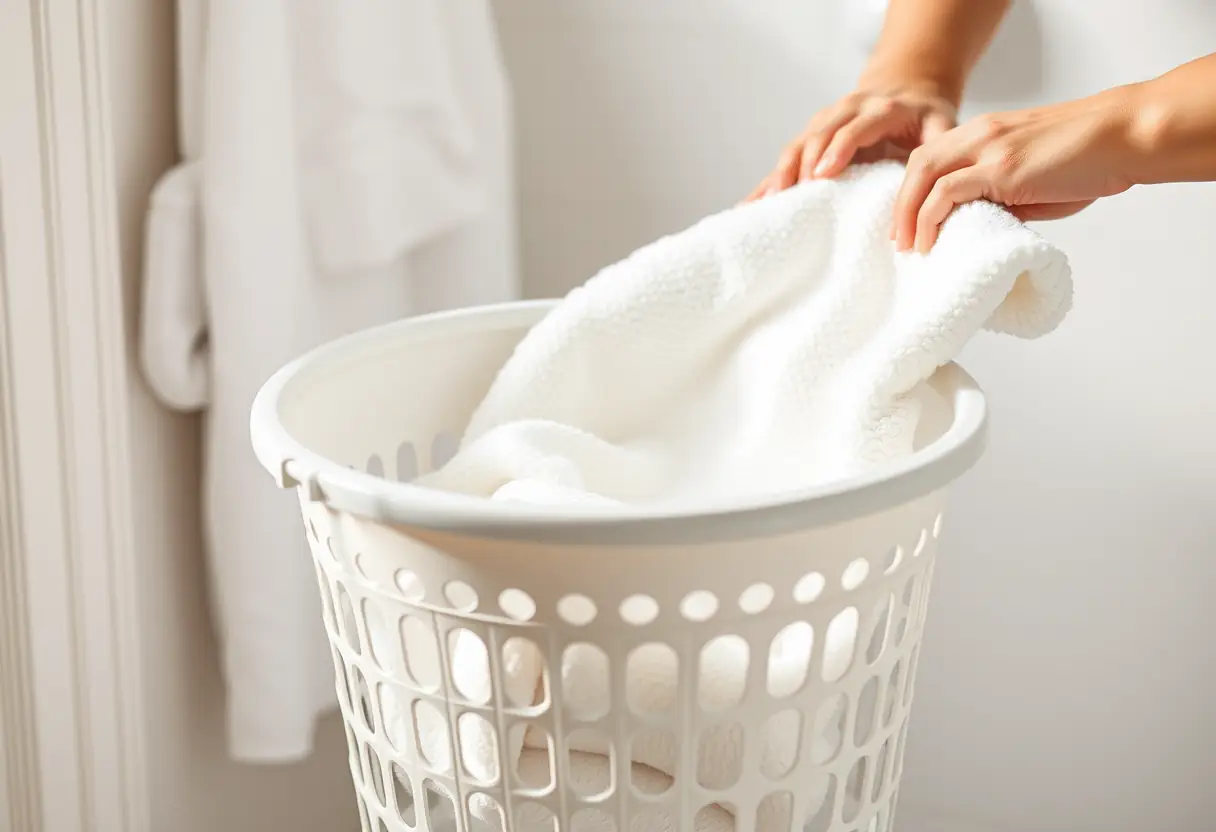 Des mains placent un gant de toilette blanc dans un panier à linge, soulignant l'importance des routines de soins personnels.