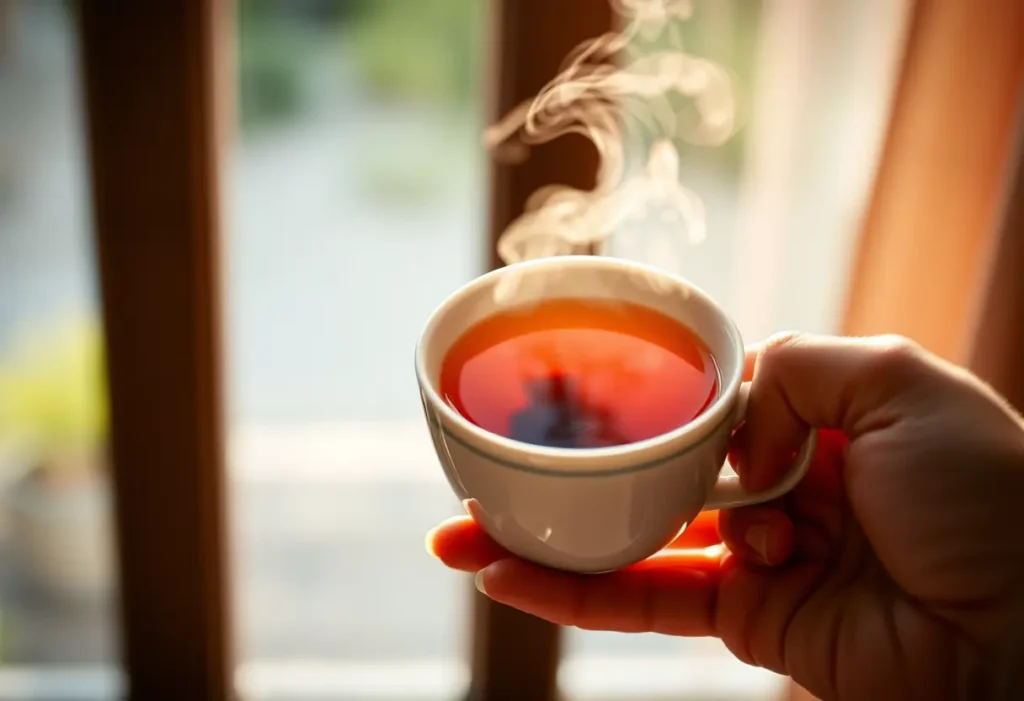 Une main tenant une tasse de thé aromatique, éclairée par la lumière naturelle qui filtre à travers la fenêtre.