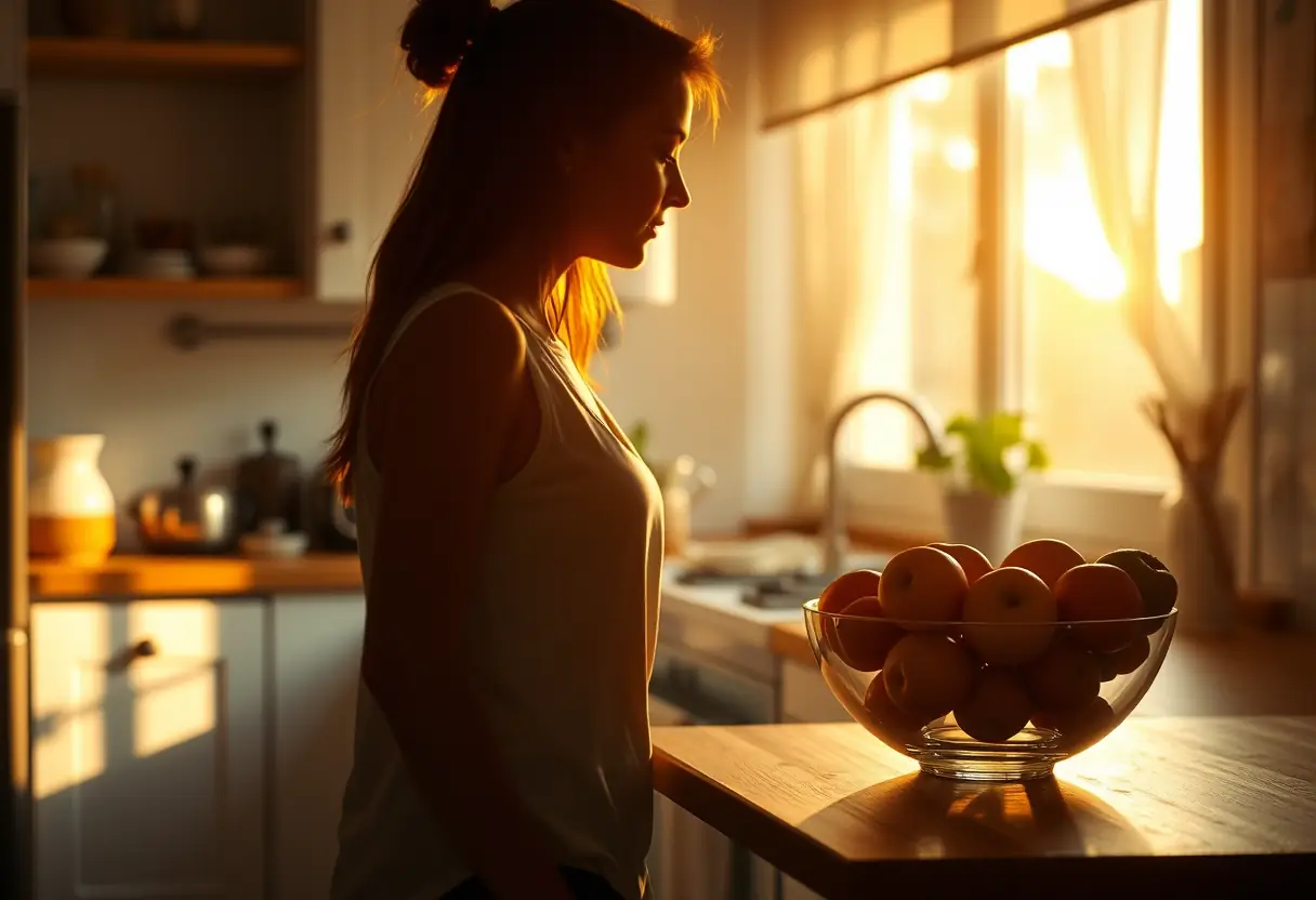 Un profil flou d'une femme dans une cuisine, la lumière du matin donne une teinte dorée au comptoir en bois, avec un bol rempli de fruits frais.